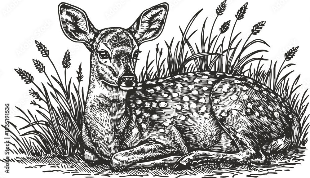 Fototapeta premium resting deer with white spots lying on grass surrounded by plants and wildflowers in vintage engraving