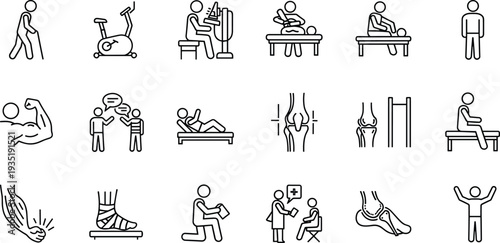 Black and white physical therapy icons set featuring rehabilitation exercises, medical treatment, patient care, musculoskeletal health, recovery activities, and 