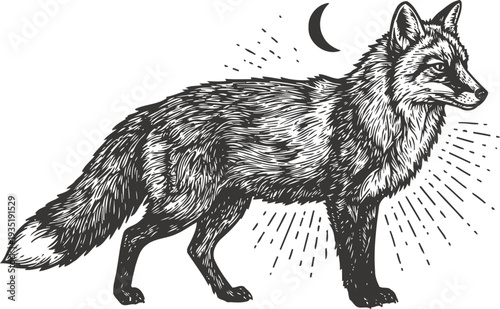 hand drawn fox illustration with crescent moon and decorative lines in vintage