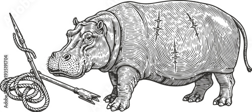 Engraved hippo illustration with ancient spear and rope, african wildlife vintage detailed artwork