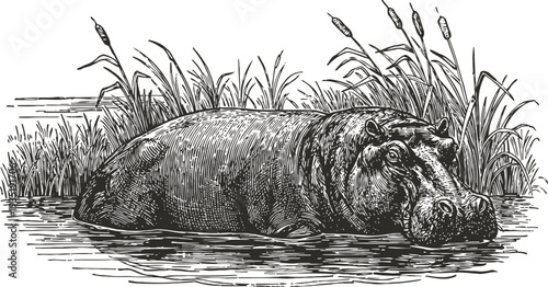 Hippo resting in calm water surrounded by marsh plants and tall grasses in natural habitat