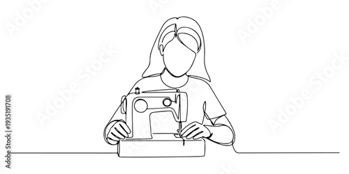 Continuous one line of a person is sewing with a sewing machine, depicting the hobby of sewing and making one's own clothes, drawn illustration.