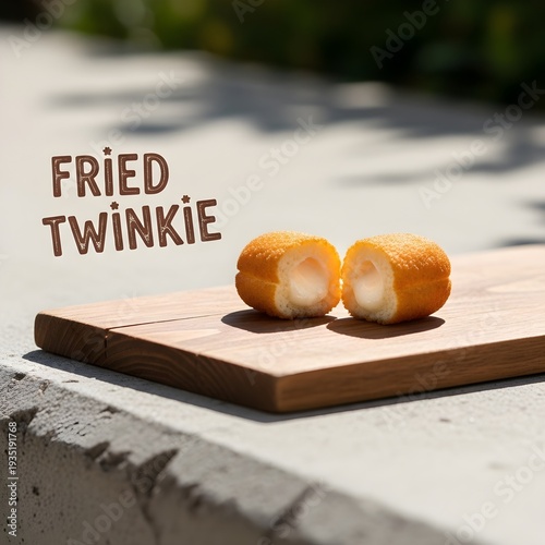 Deep Fried Twinkie Golden Brown Carnival Dessert with Powdered Sugar with text