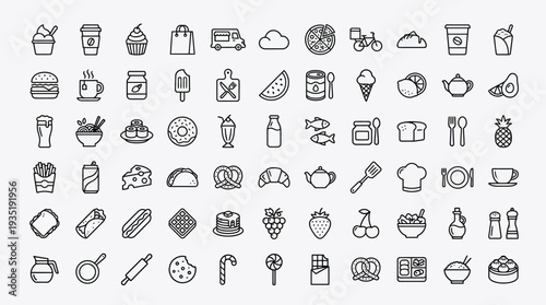 Food & Drink Outline Icons Set: Restaurant, Cafe, Menu, Delivery & Kitchen Essentials. Comprehensive line art collection for UI/UX design.