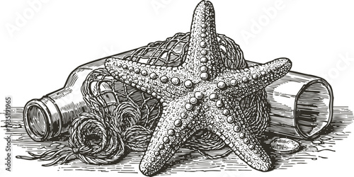 Vintage starfish illustration with fishing net and glass bottles on wooden surface
