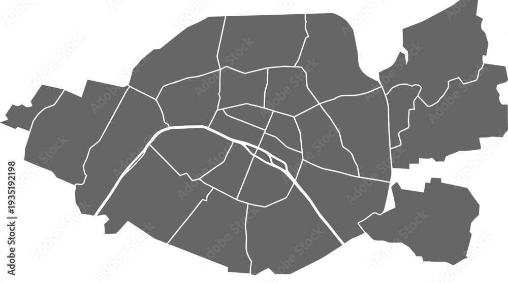 Naklejka premium Vector map of Paris arrondissements and districts, administrative divisions of the city, France, with Seine River outlined.