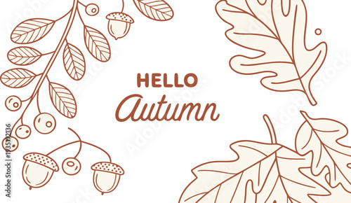 Autumn leaves and acorns illustration with hello autumn text on white background