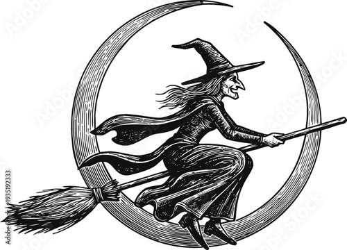 Vintage witch flying on broomstick across crescent moon halloween magic illustration with classic witch character