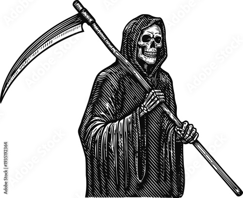 Reaper holding a large scythe grim skeleton in dark hooded cloak with skeletal hands