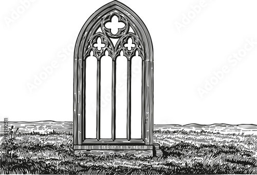 Gothic arched window frame standing alone in open grass field landscape illustration