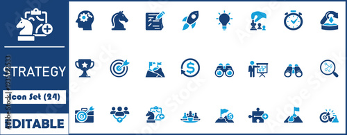 Strategy icon set. Containing goal, tactics, vision, plan, objective, roadmap, problem-solving, decision-making, sharpened,mission, solution and execution. Solid vector icons collection.