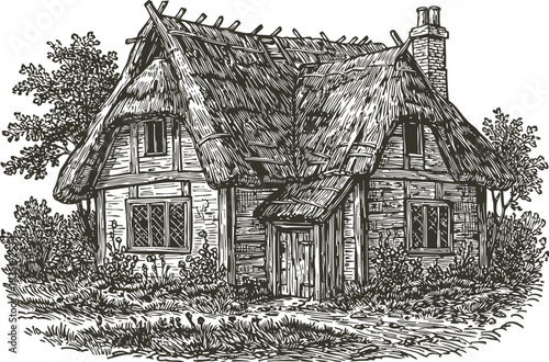 Rustic thatched cottage with chimney surrounded by bushes and trees vintage ink drawing