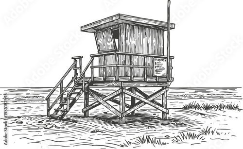Lifeguard tower on beach wooden elevated rescue station with stairs near sea shore