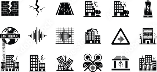 Earthquake and Seismic Disaster Icon Set Featuring Cracked Buildings, Ground Ruptures, Sismograph Waves, Emergency Warning Signals, Natural Catastrophe Symbols, and Structural Damage Illustrations for