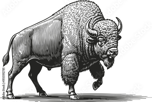 Majestic bison standing tall with detailed fur and muscular build, powerful wild animal illustration