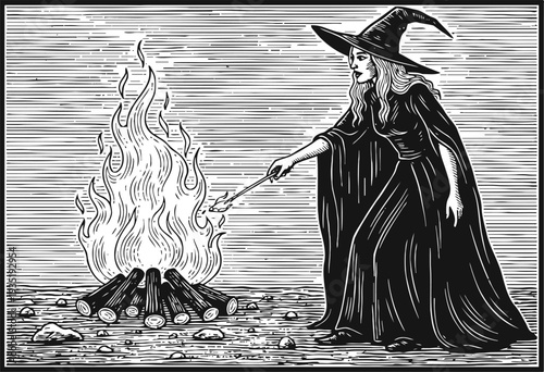 witch casting a spell over a fire, vintage black and white illustration in gothic