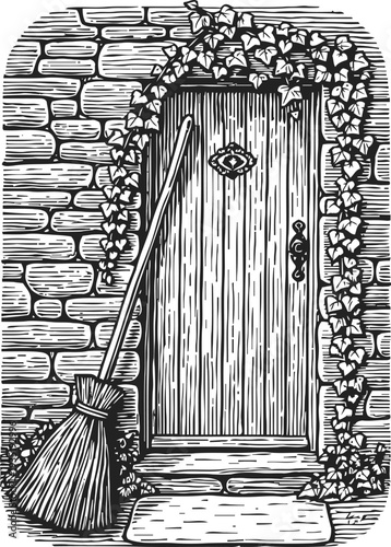 Vintage wooden door with ivy vines and broom leaning against brick wall entrance