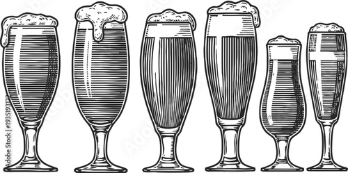 Set of six different beer glasses with foam on top hand drawn vintage illustration of various beer glassware