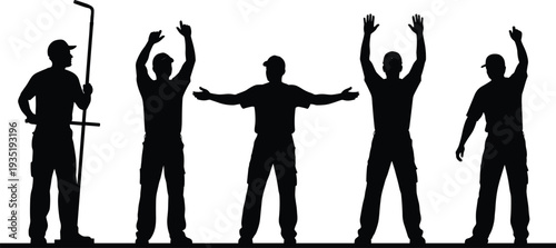 Construction workers and signalmen silhouette set, industrial staff signaling with hands, logistics team ground crew, professional building site safety workers,
