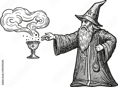 Wizard casting spell with magical smoke swirling from chalice, mystical fantasy sorcerer illustration
