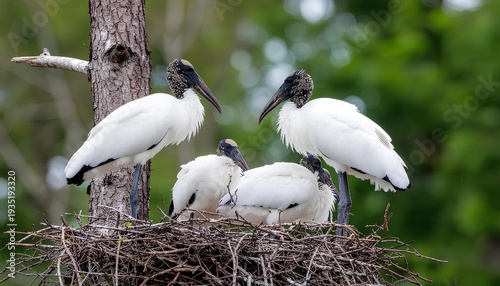 group of wood storks sitting in a nest on top of a tree