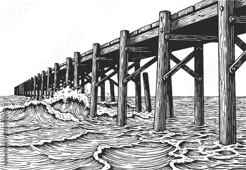 Wooden pier over ocean waves coastal structure with wooden posts extending into the sea seaside waterfront and marine landscape
