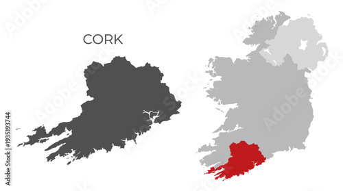 Foto Map of County Cork, Ireland, Highlighted on National Outline with Text Label