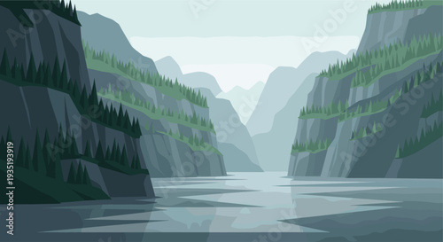 Vector illustration of a tranquil fjord landscape with steep cliffs, coniferous trees, and calm water, suitable for backgrounds or travel-themed designs.