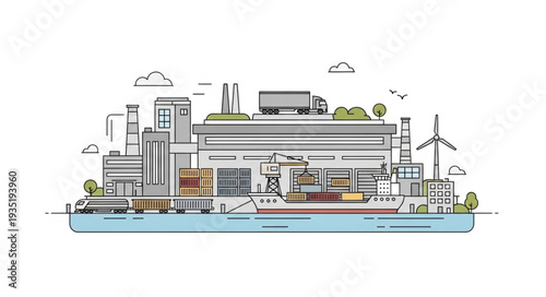 Modern industrial complex with shipping and logistics elements.