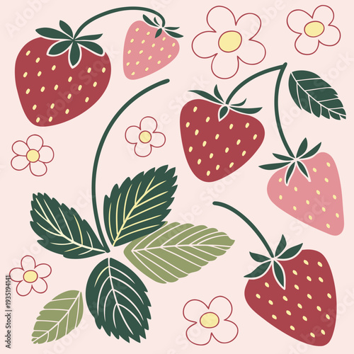 Vibrant illustration of ripe strawberries with green leaves and pink flowers on a soft beige background perfect for food and summer concepts