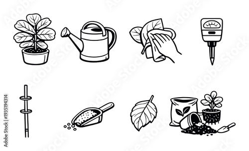 Houseplant care and maintenance icons on dark background
