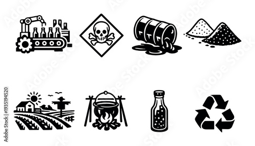 Hazardous material and production icons on dark gradient background