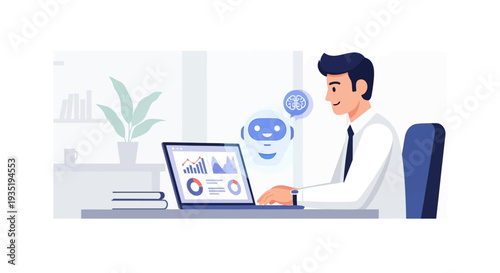 An employee efficiently analyzes complex data and visual reports on a laptop, enhanced by the intelligent support of a virtual AI assistant. 