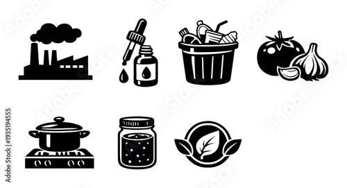 Factory food and recycling icons on dark gradient background