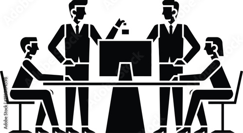 Four businessmen in a meeting around a computer on a white table