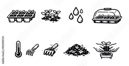 Seedling tray and garden tools arranged with compost on dark backdrop