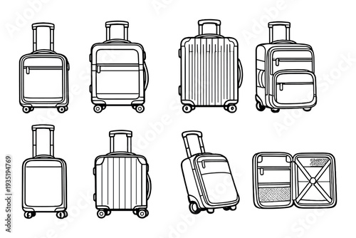 Variety of rolling suitcase icons displayed on dark background