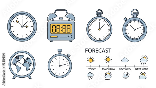 Collection of various clock faces.
