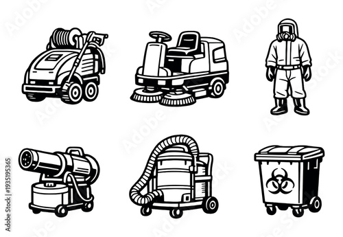 Cleaning and decontamination equipment icons on dark background