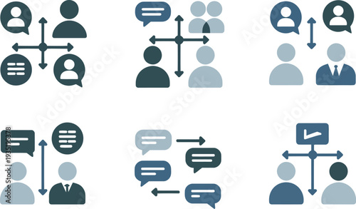 Collection of blue and green business communication icons and people symbols
