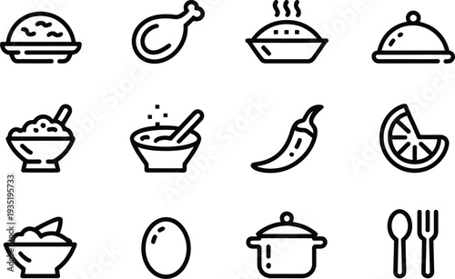 Black and white line icons of various food and cooking related items