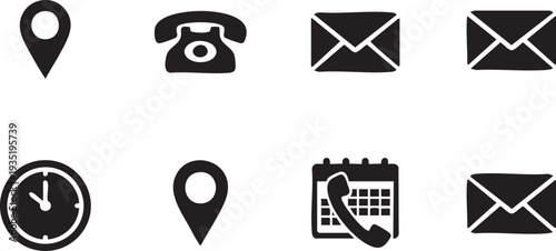 Black and white of communication and scheduling symbols map pin