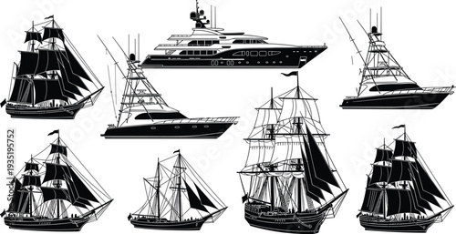 Detailed Ship and Yacht Silhouette Vector Set Featuring Classic Sailing Vessels Modern Luxury Motorboats and Sport Fishing Yachts for Nautical Marine Design Maritime Projects