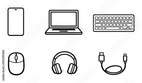 Computer accessories icons arranged in grid on dark background
