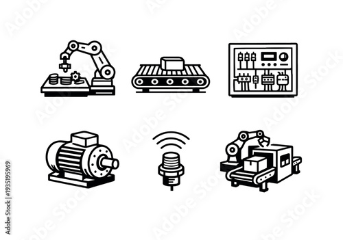 Factory automation machinery icons including robot motor and sensor