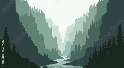 A tranquil river winds through a valley surrounded by forested mountains, rendered in layered shades of green creating depth and a sense of peace, suitable for travel or environmental themes.