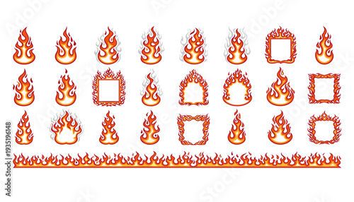 Professional Fire and Flame Graphic Element Set Featuring Various Burning Styles and Ornate Borders for Hot Deal Promotions Danger Warnings and Creative Graphic Design