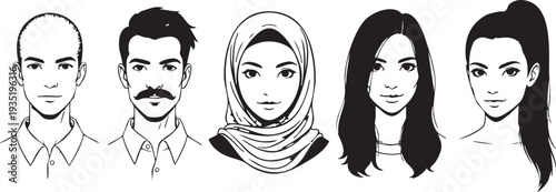 Black and white of five people faces diverse headshots