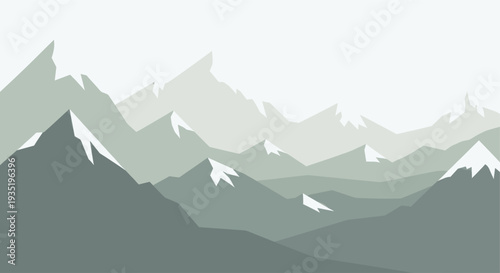 A serene minimalist landscape illustration showcasing a mountain range in shades of green and grey, with some snowy peaks, creating a peaceful and calming visual.