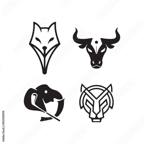 Four distinct animal head logos showcasing various artistic styles and designs